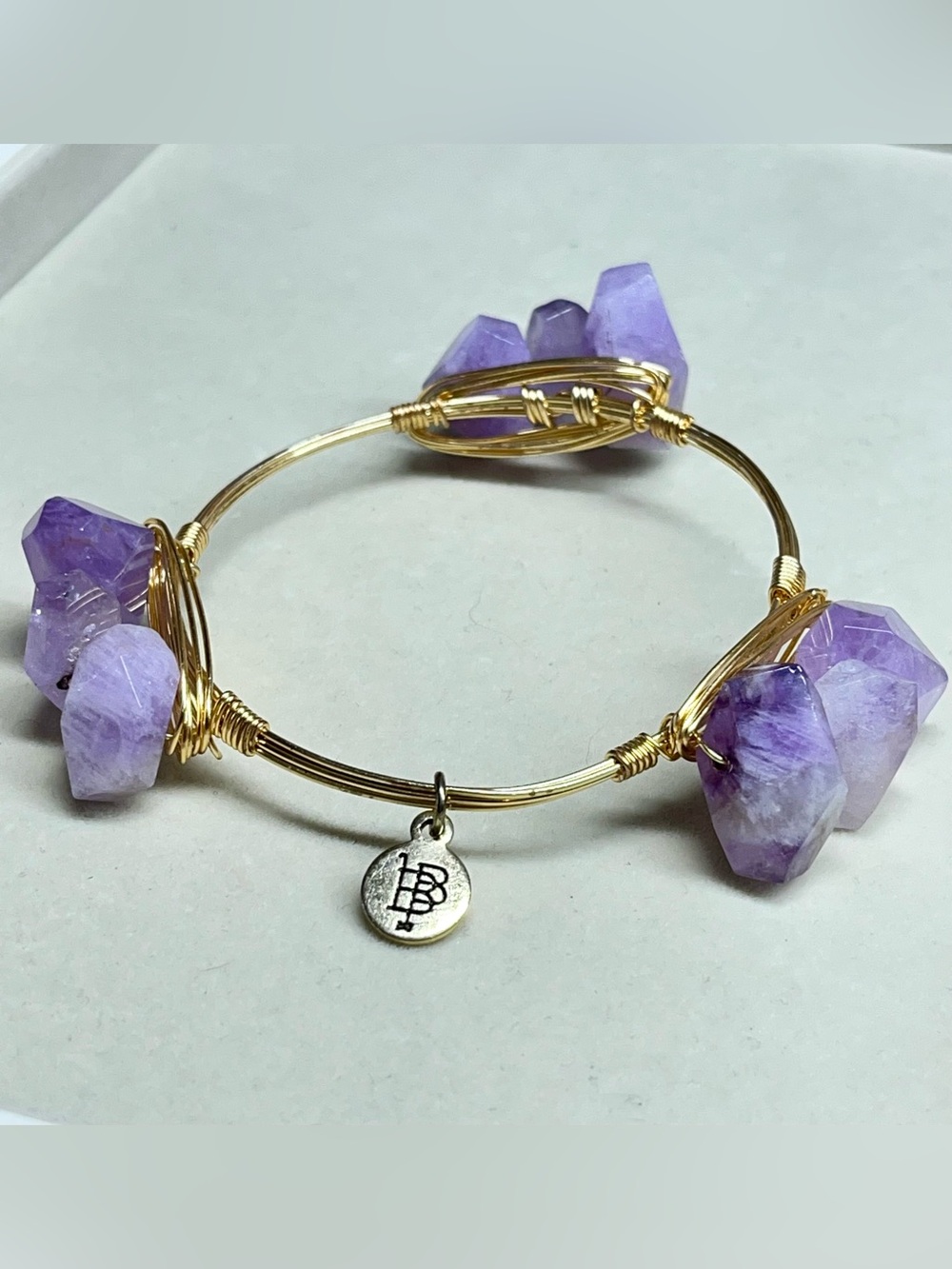 Bourbon & Boweties Amethyst Gold Tone Wire Wrapped Bangle Bracelet